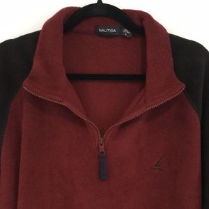 Nautica men’s fleece sweatshirt long sleeve zippered tee shirt maroon black EUC